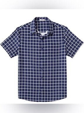 NWT- Men's Navy Grid Short Sleeve Button Down Shirt